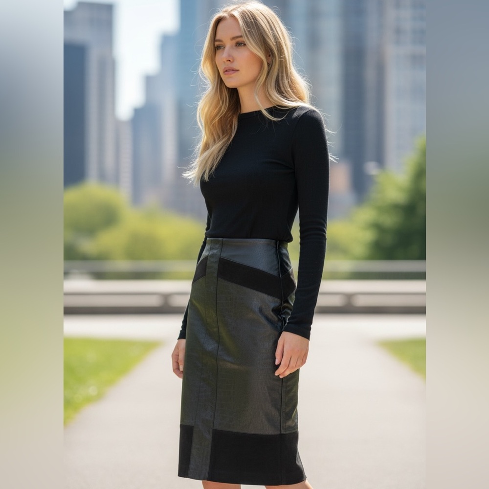 Marc New York Andrew Marc Faux Leather Suede Panel Pencil Skirt M Black